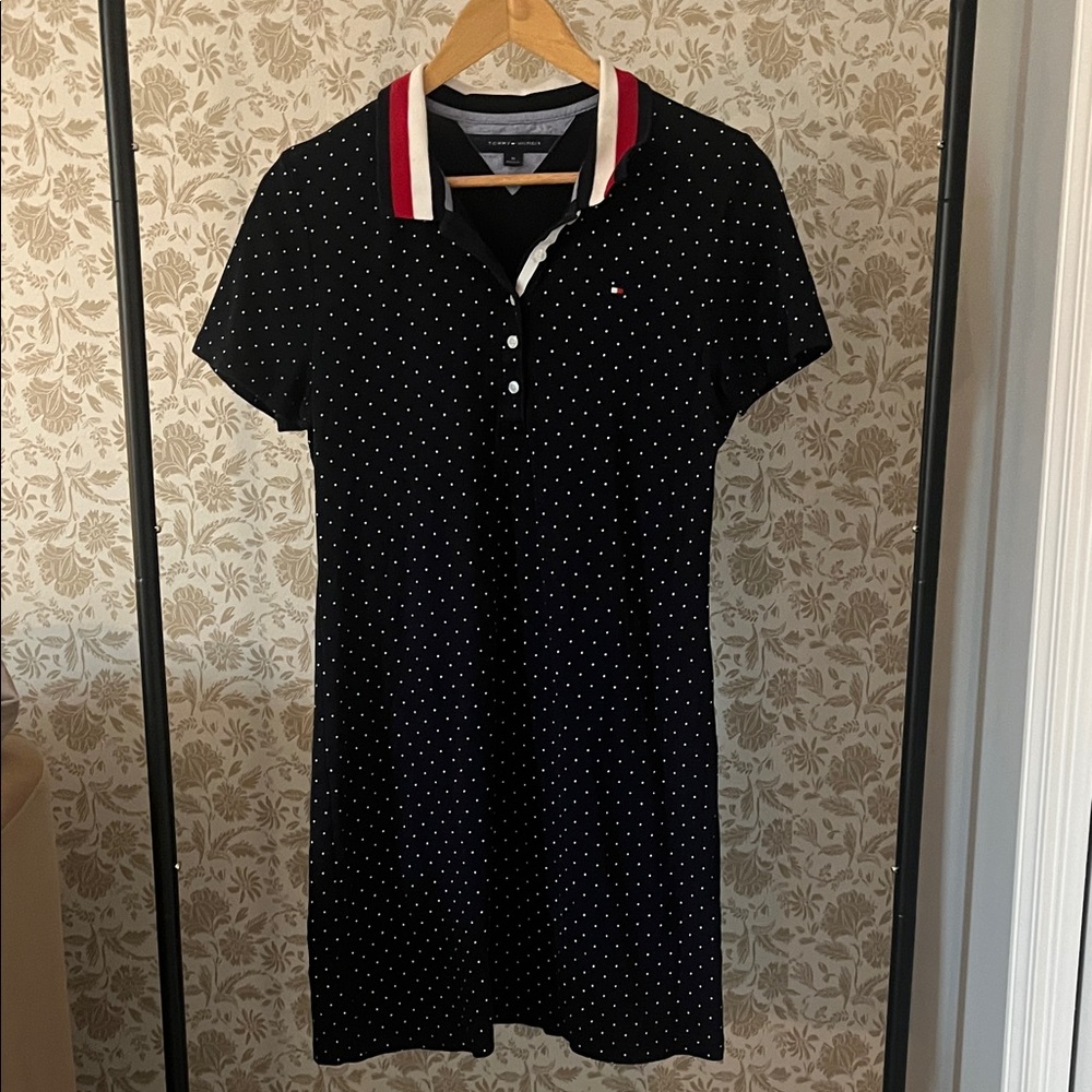 Tommy Hilfiger Black Mini Polo Dress with White Polka Dots and Red-Trim Collar